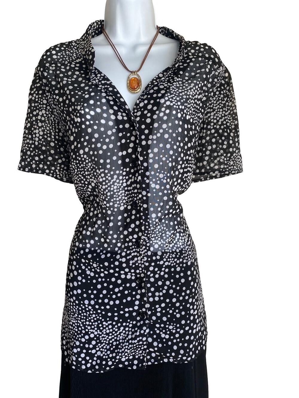VTG CJ Banks Plus 2X Black White Polka Dot Button Up Tunic Blouse Whimsigoth USA